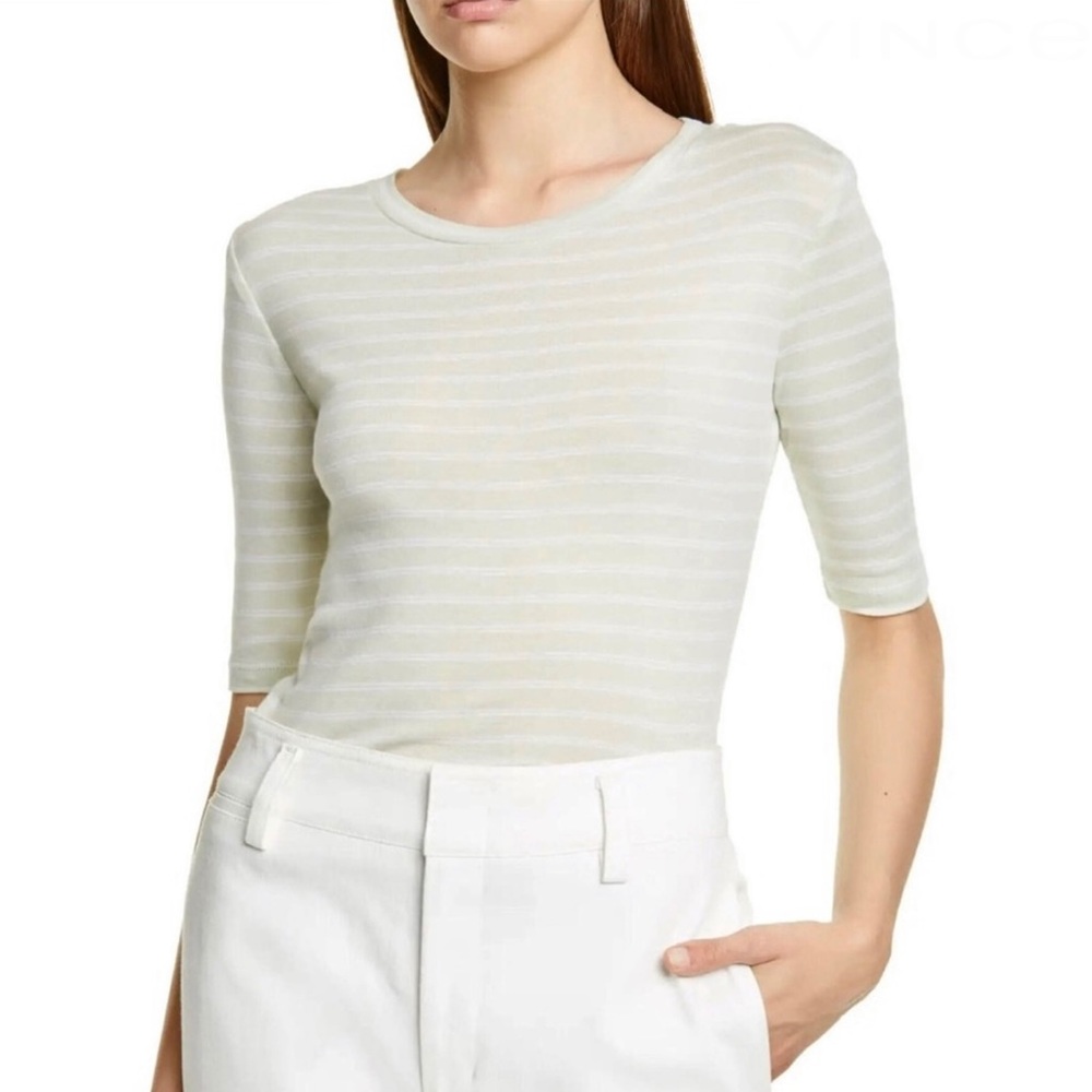NEW VINCE STRIPED COTTON CREW NECK TEE - Picture 1 of 9